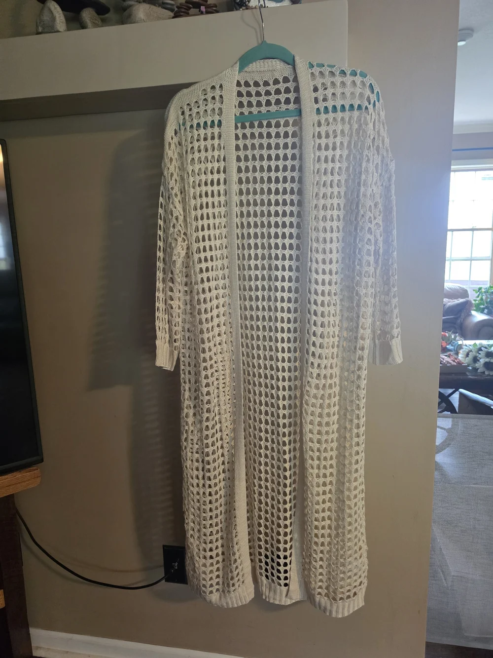 Open Knit Long Duster Cardigan - Cream - Picture 2 of 4